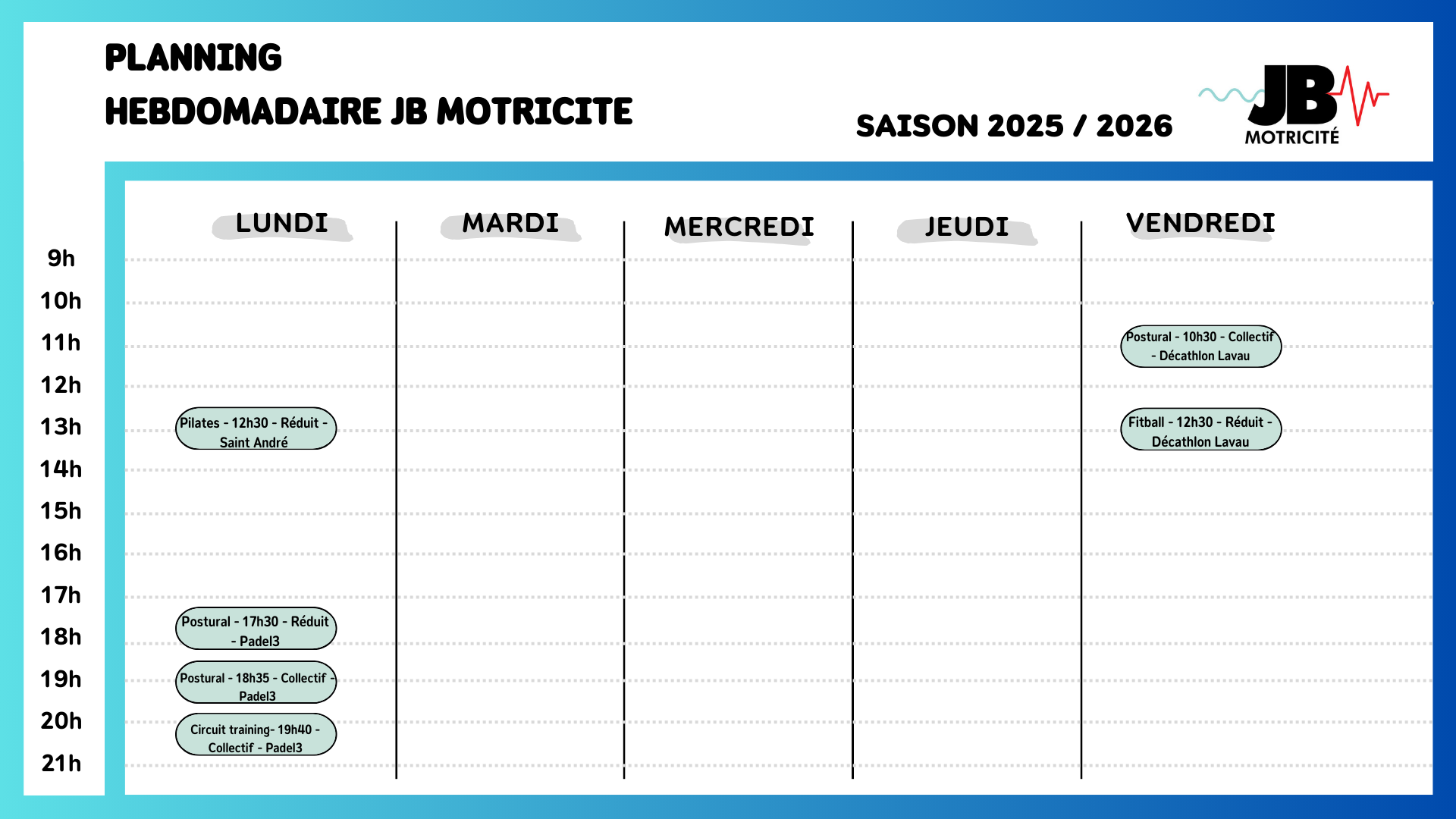 Planning hebdomadaire Planning hebdomadaire partenaires