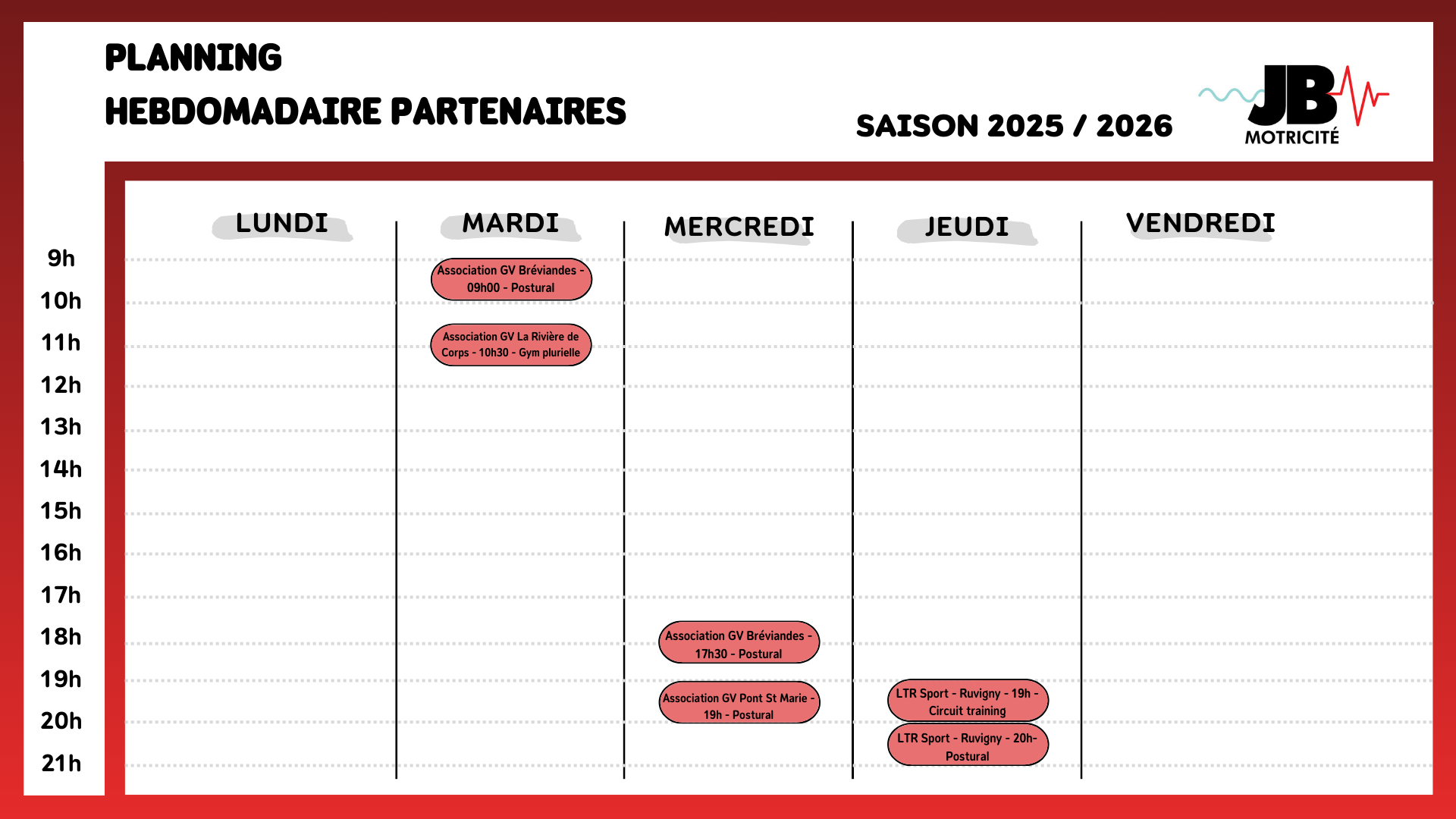 Planning hebdomadaire partenaires Planning hebdomadaire partenaires