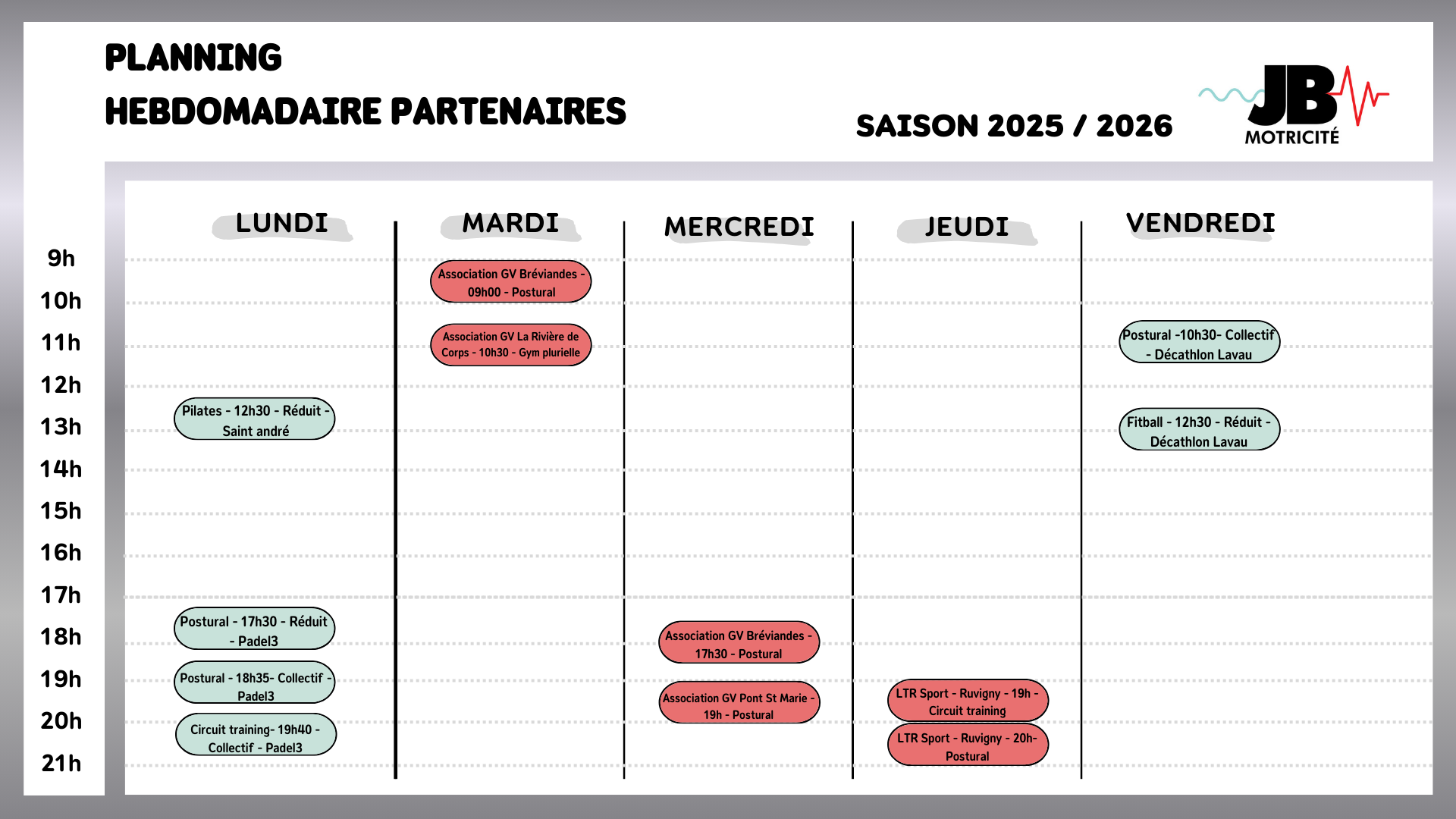 Planning hebdomadaire Planning hebdomadaire partenaires