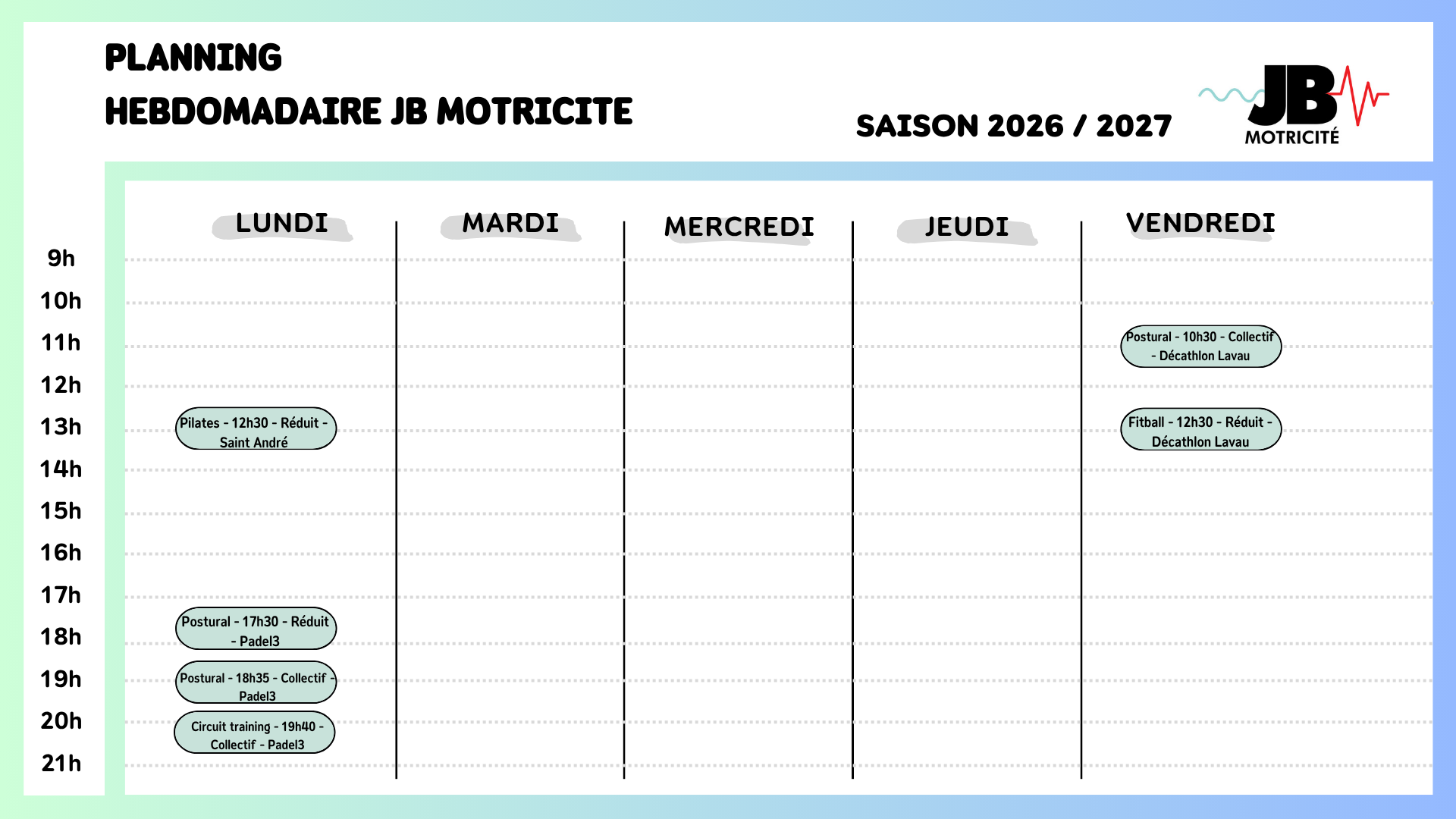 Planning hebdomadaire Planning hebdomadaire partenaires