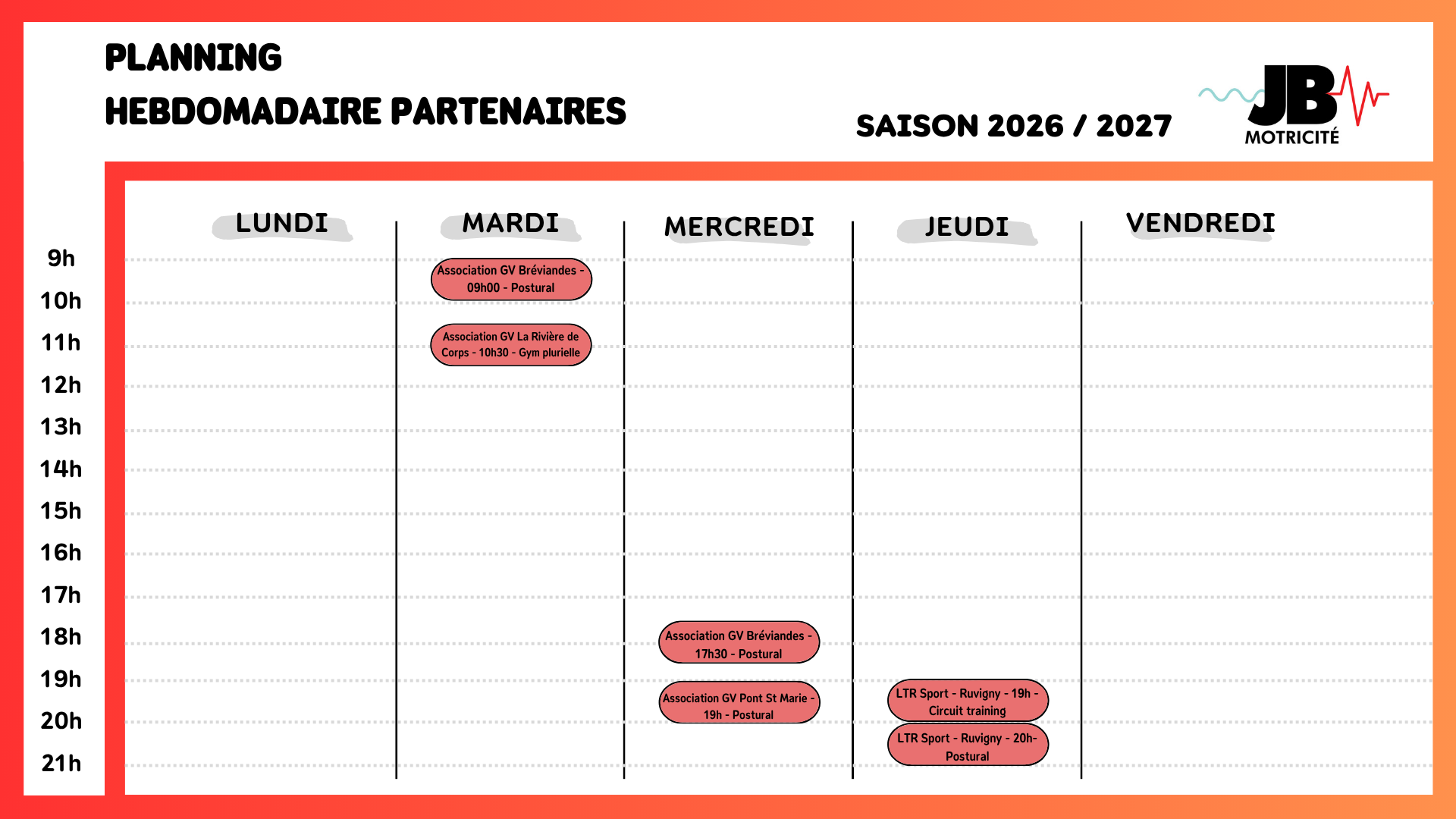 Planning hebdomadaire partenaires Planning hebdomadaire partenaires