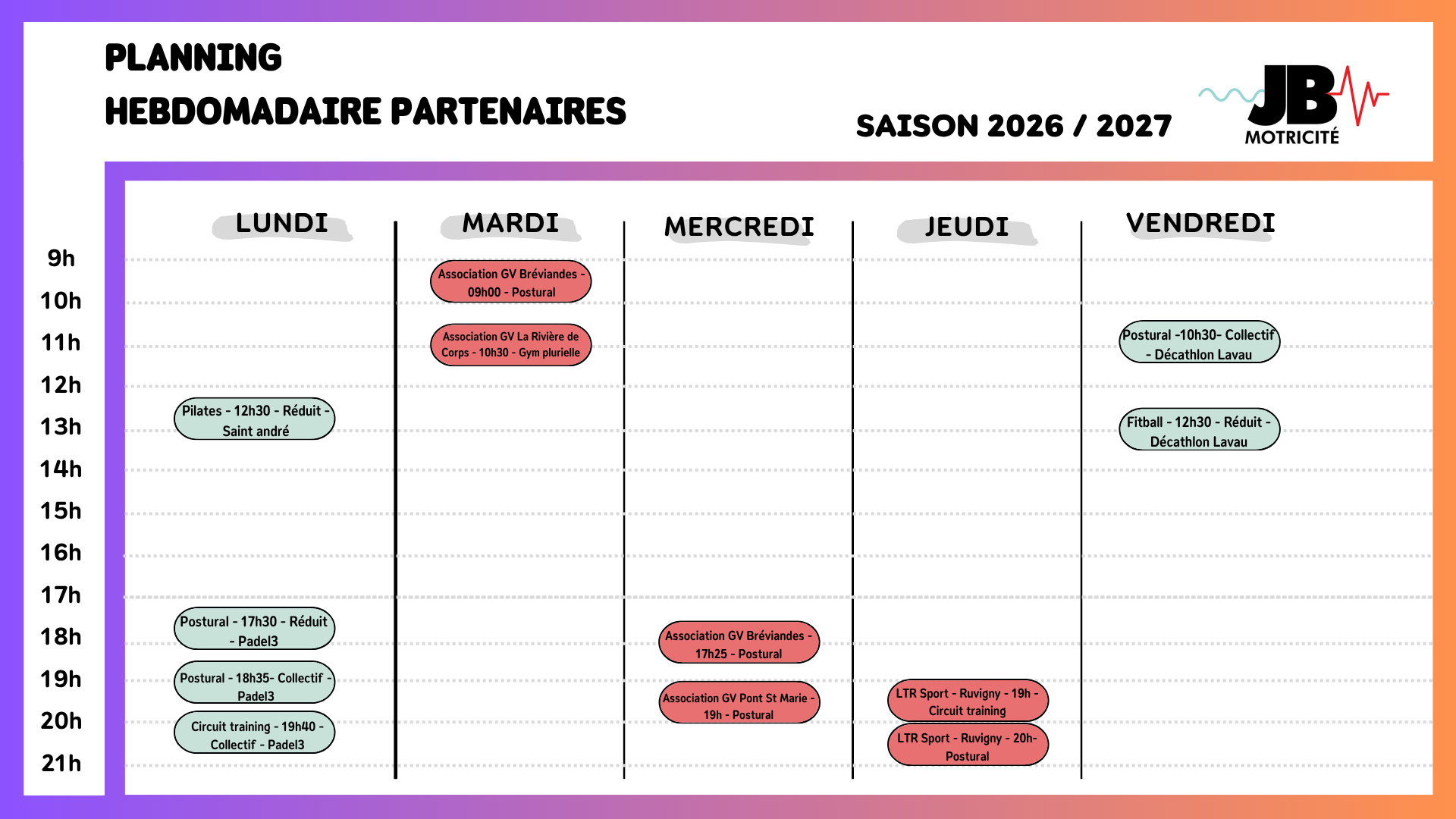 Planning hebdomadaire Planning hebdomadaire partenaires